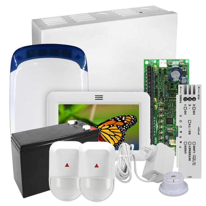 Kit de alarma Paradox Spectra SP65 con teclado táctil TM70, sirena, detectores, batería y módulo IP150
